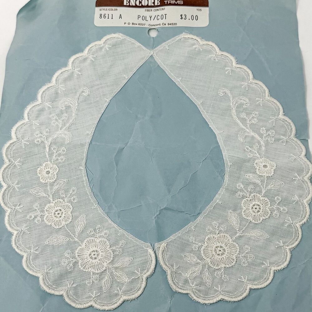 Vintage Embroidered Lace Collar Applique Floral White Encore Trims NOS